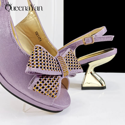 Queena Yan Sky Blue Color Peep Toe High Women Heels Shoes and Bags for Women Rhinestone Evening Party Elegant Luxury Handbag