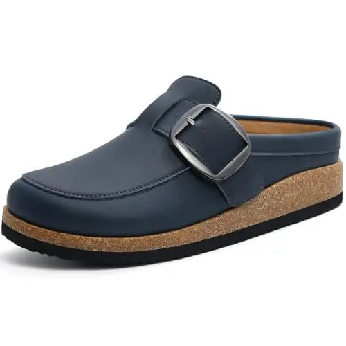 Evshine Women Loafer Style Clog Slippers Vegan Leather Adjustable Big Buckle Cork Footbed Casual Ladies House Home Slippers