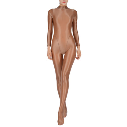 Women Glossy Full Body Jumpsuit Gym Yoga Tights Rompers Mock Neck Long Sleeve Footed One Piece Jumpsuit Clubwear Sportwear