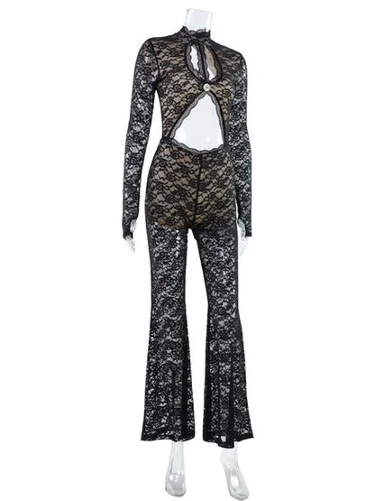 Ahagaga Sexy Club Women's Jumpsuits Lace Patchwork Regular Long Sleeves Hollow Out Skinny Streetwear Backless Turtleneck Rompers