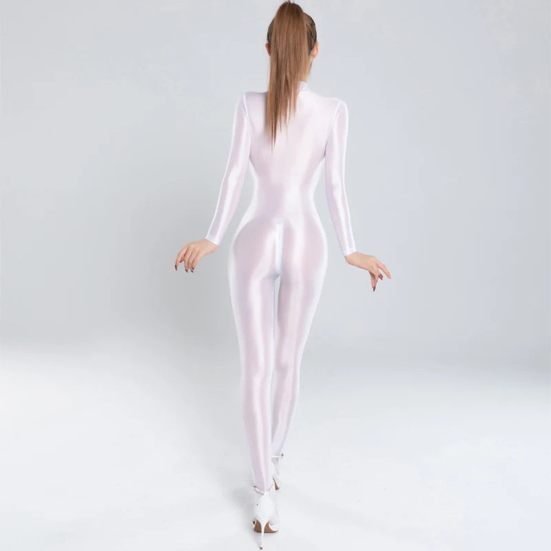 Oily Glossy Elastic Tights Zipper Open Crotch Full Body Jumpsuits Sexy See Through Bodysuits Women Smooth Allure Bodycon Rompers