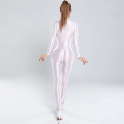 Oily Glossy Elastic Tights Zipper Open Crotch Full Body Jumpsuits Sexy See Through Bodysuits Women Smooth Allure Bodycon Rompers
