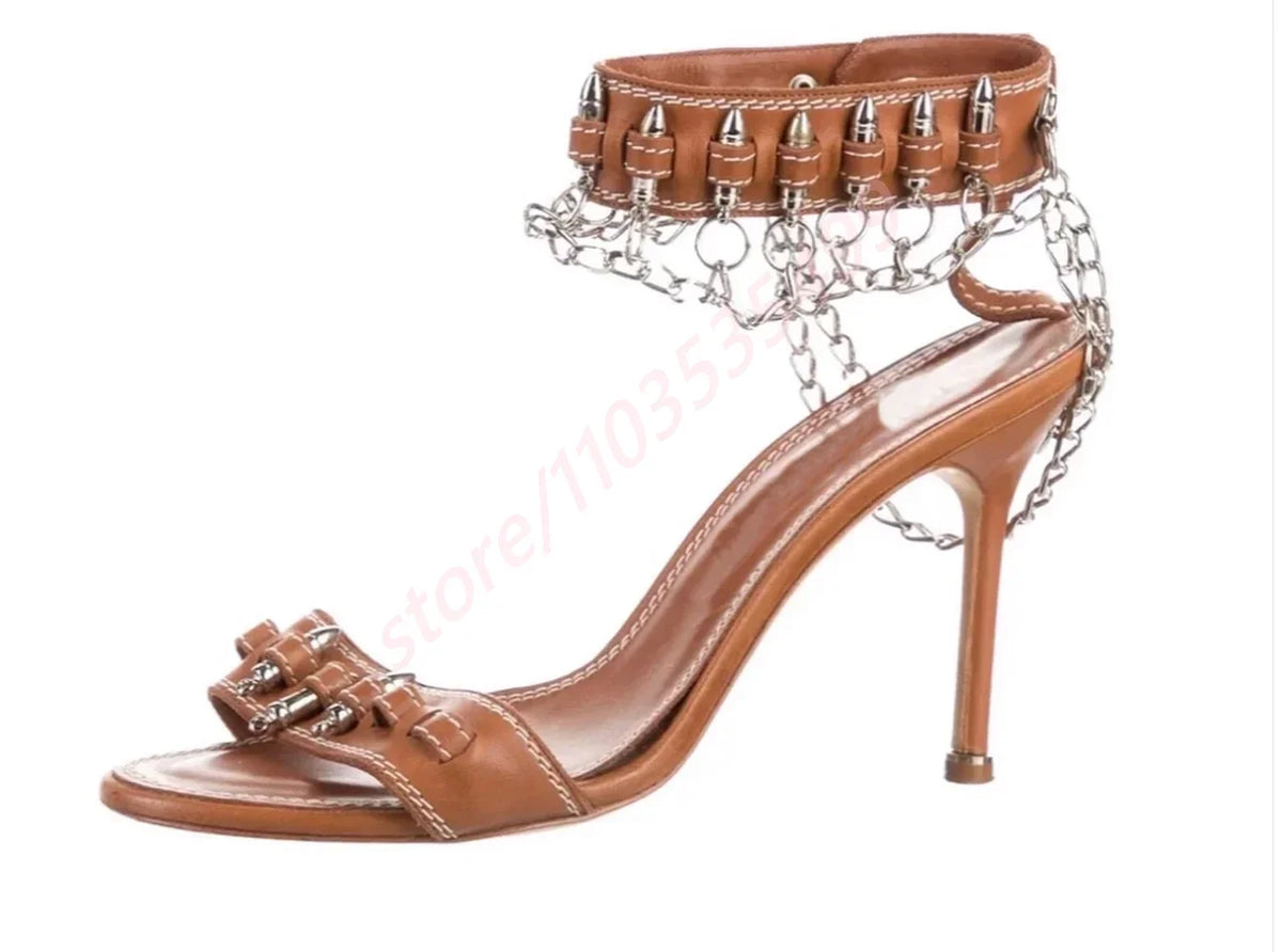 New Catwalk Bullet Chain Roman Sandals 2025 Summer Sexy Ladies Stilettos Black/brown Fashion Party Casual Open Toe Sandals