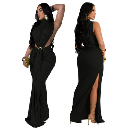 CM.YAYA Women O-neck High Split Ruched Stacked Bodycon Midi Maxi Dress 2024 Evening Party Club Vestidos Sexy Chic Long Dresses