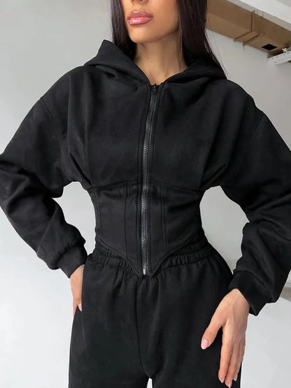 European and American Style Hooded Waist-Cinching Women's Set 2025 New Ins Trendy Brand Slimming Sporty Casual Women's Clothing