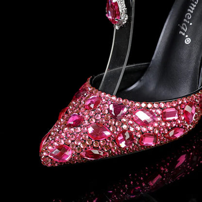 2024 Autumn Slim Heels Shallow Mouth Luxury Blue Water Diamond Pearl Women Single Shoes 9CM Wedding Party Shoes Sandalias Mujer
