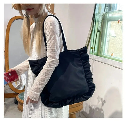 New Elegant Vintage Women Casual Tote Bags French Style Ruffles Shoulder Bag Large Capacity Versatile Handbag