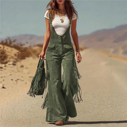 Western Vintage Solid Suede Tassel Female Jumpsuit Fashion Hollow Out Button Overalls 2026 Spring Strappy Bodysuit Woman Rompers