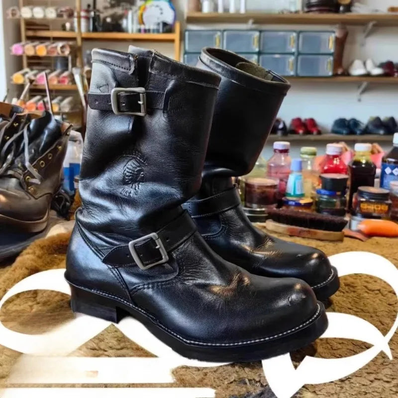 Motorcycle Boots Men's Black Knight Shoes Black Leather Belt Buckles Chelsea Boots Trendy Luxury Handmade Men's Shoes
