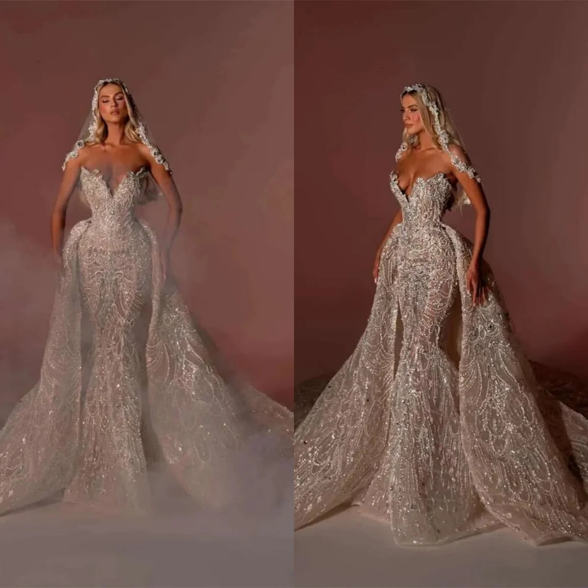 Luxury Mermaid Wedding Dress Beading Crystal Sequins Strapless Bride Gown Lace Detachable Sweep Train Bridal Dresses Customized