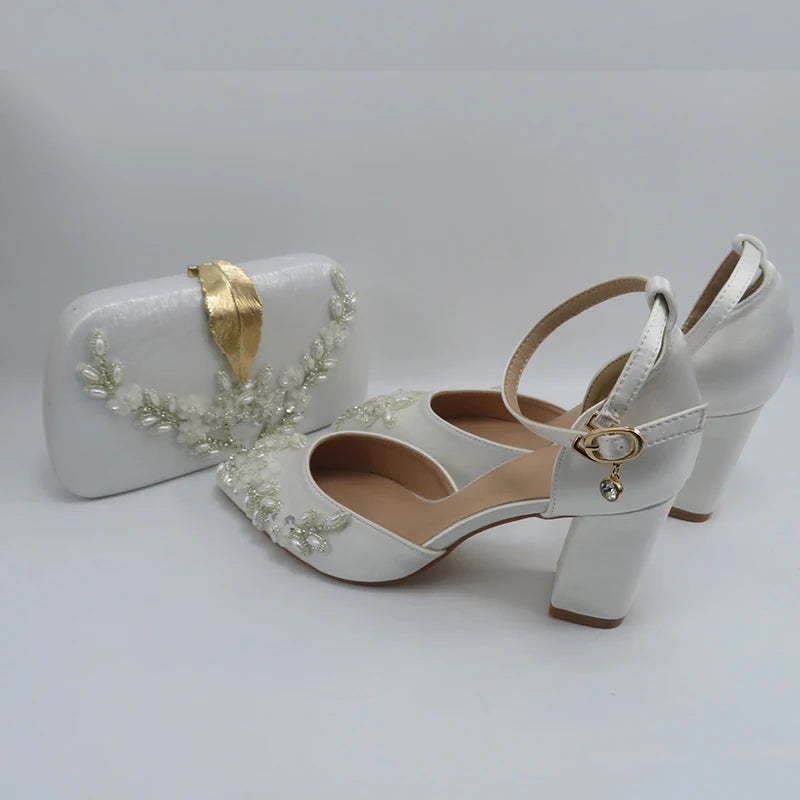 2024 White Pearl wedding shoes with matching bags High heels Pointed Toe Ankle Strap Ladies Party shoe and bag set Pearl Shoe