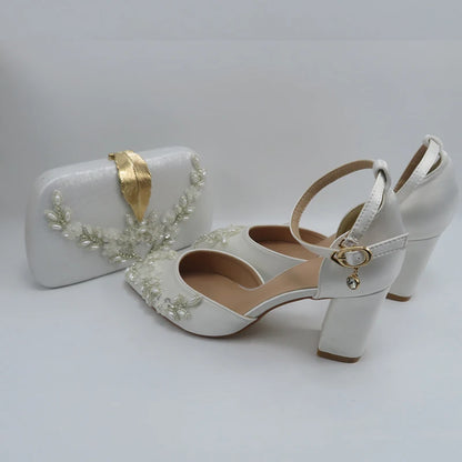 2024 White Pearl wedding shoes with matching bags High heels Pointed Toe Ankle Strap Ladies Party shoe and bag set Pearl Shoe