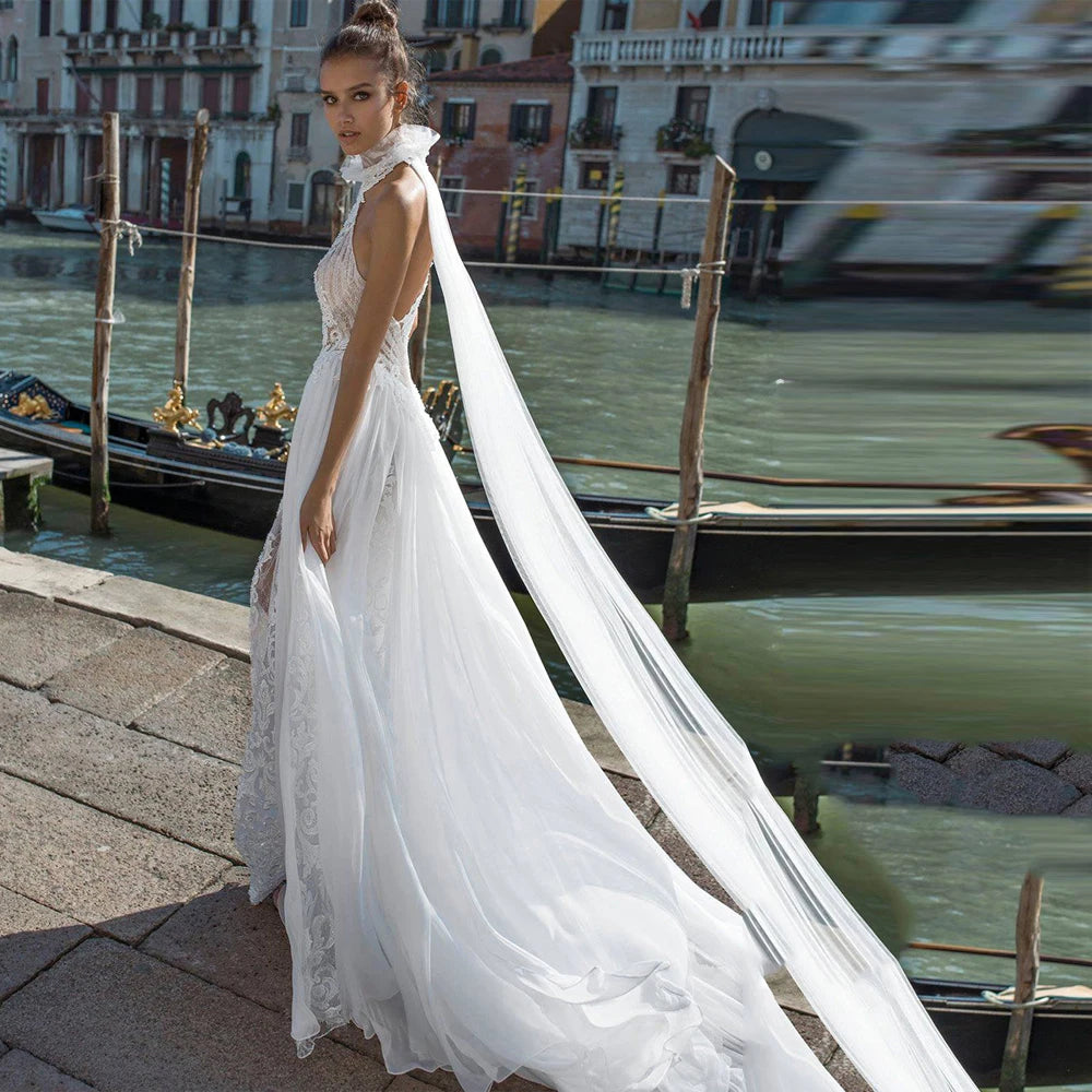 2025 Elegant Lace Halter Women Wedding Dresses Lace Decals Bride Gowns Sexy Mopping Length Princess Vestidos De Novia Customized