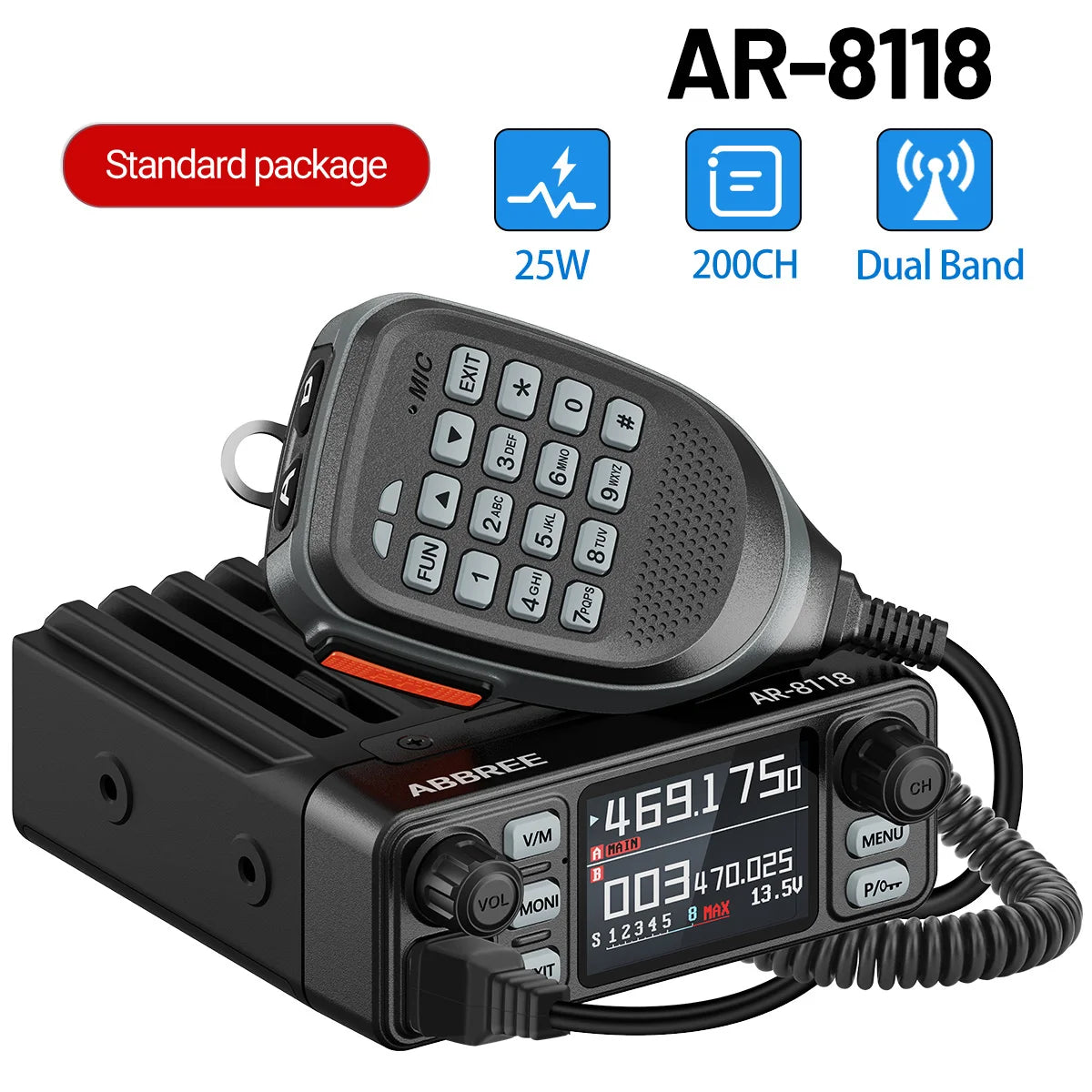 ABBREE AR-8118 Mini Mobile Radio 25W Dual Band VHF UHF 200CH Long Range NOAA VOX Clear HD Voice Dual PTT Car Radio
