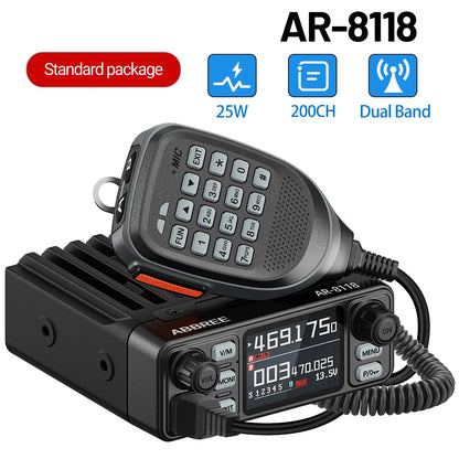 ABBREE AR-8118 Mini Mobile Radio 25W Dual Band VHF UHF 200CH Long Range NOAA VOX Clear HD Voice Dual PTT Car Radio