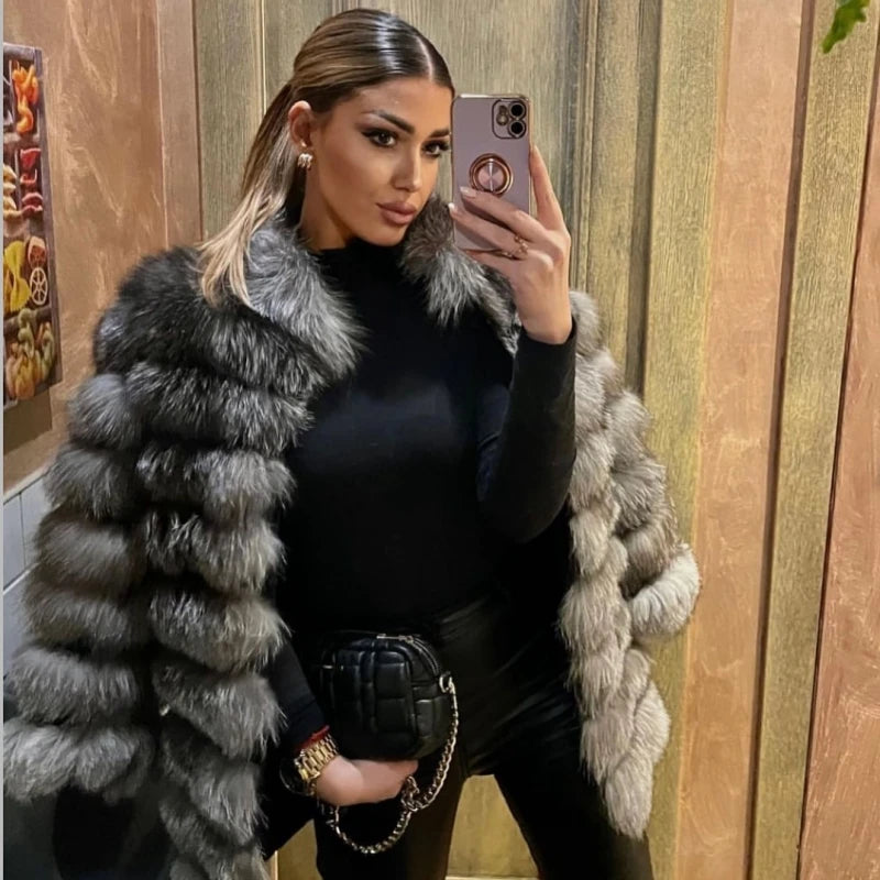 NEW Real Fur Coats Women Natural Real Fur Jackets Vest Winter Outerwear Women Silver Blue Fox Coat High Quality Fur Clothes