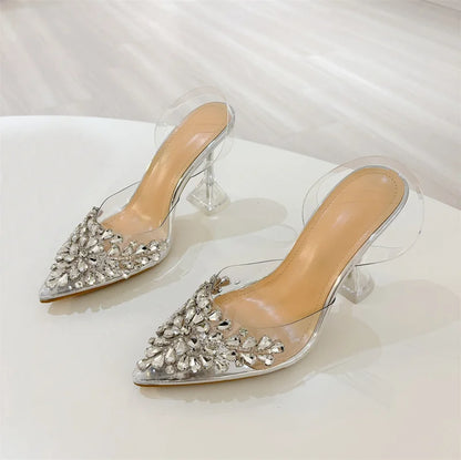 Liyke 2026 New Gold Silver Diamond Rivet Pointed Toe Slingback Sandal Women Pumps Sexy Clear High Heels Wedding Party Prom Shoes