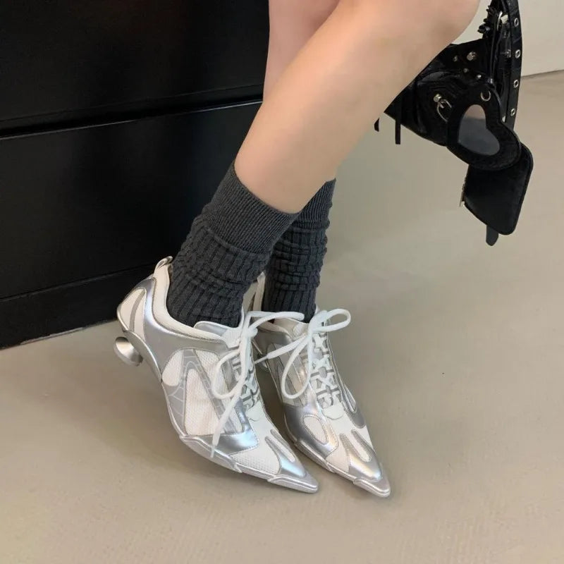 Silver Lace-up Sports Heels Women Fashions Pointed Toe Strange Style Mesh Sneakers Elegant Punk Shoes Female Luxury Brands Pumps