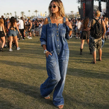 Summer Denim Jumpsuit for Women, Long Sleeve Off Shoulder Loose Bib Overall, Button Down Wide Leg Jeans Romper with Pockets
