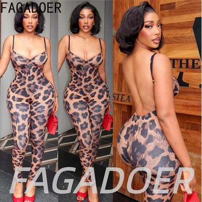FAGADOER 2026 Sexy Leopard Print Bodycon Jumpsuits Women Fashion Spaghetti Strap Backless Rompers Streetwear Club Playsuits New