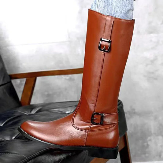 Fashion Men's Genuine Leather Motorcycle Boots Wool Fur Snow Combat Boots Knee-High Western Cowboy Boots Brown Side Zipper