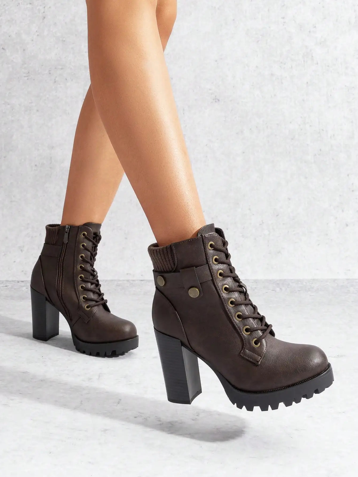Women's Lace Up Combat Ankle Boots High Chunky Heel Fashion Heeled Booties Shoes Black Boots Ankle Boots