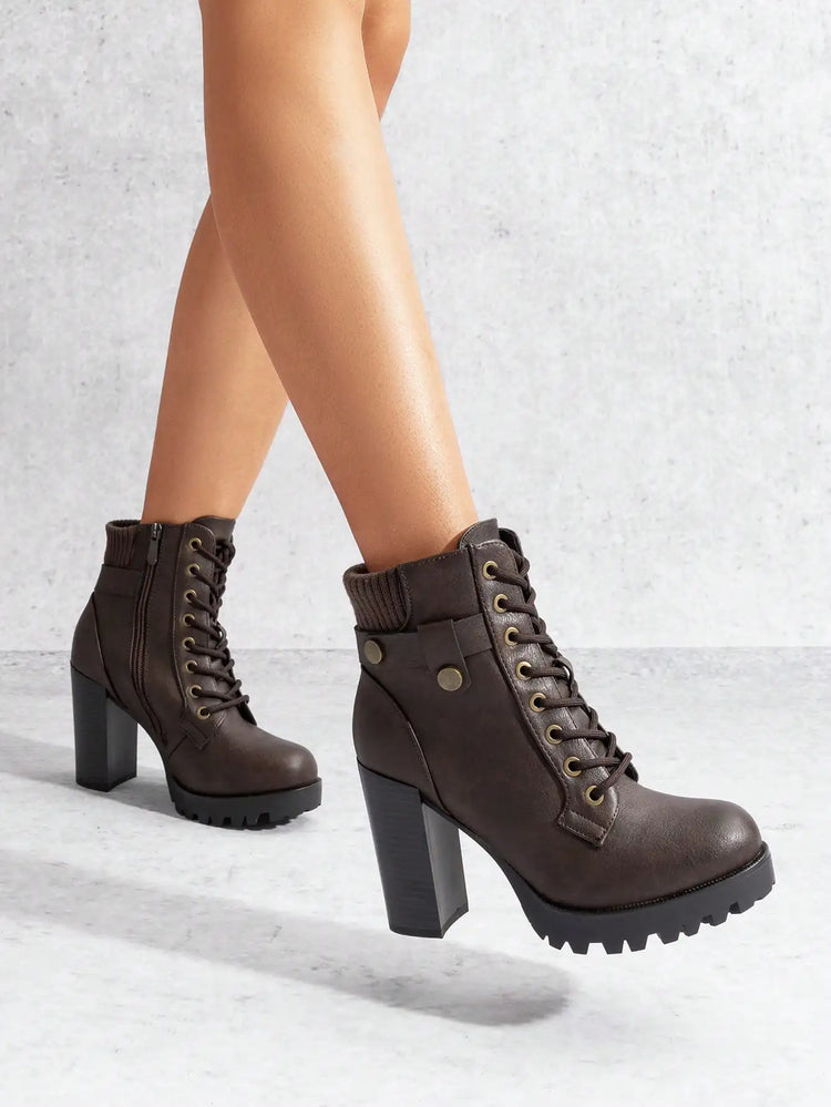 Women's Lace Up Combat Ankle Boots High Chunky Heel Fashion Heeled Booties Shoes Black Boots Ankle Boots