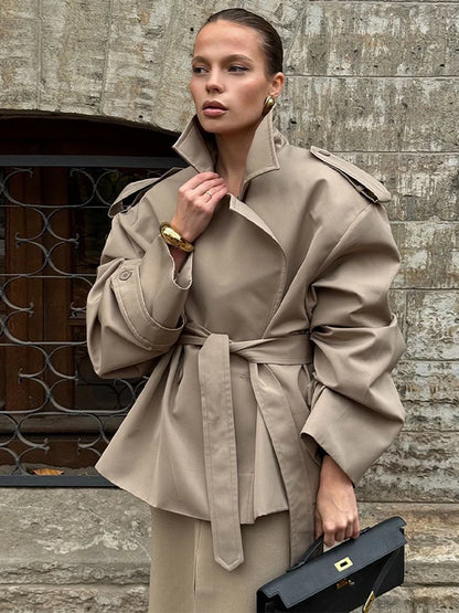 Women Black Long Solid Color Trench Coat Stand Collar Loose Drop Shoulder Single-breasted Windbreaker Lady Commute Outing Wear