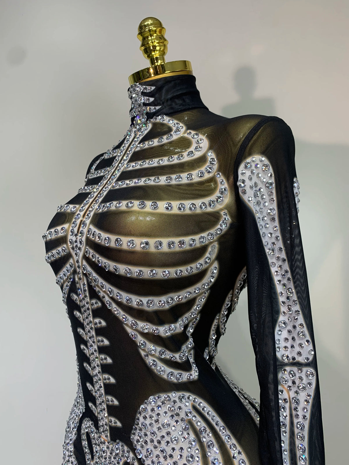 Luxury Rhinestones Skeleton Mesh See Through Jumpsuit Long Sleeve Nightclub Cos Party Stage Performance Halloween Costume