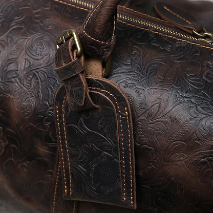 Vintage Embossed Tote High-Capacity Leather For A Short Trip Baotou Leather Belt Shoe Compartment Clothes Duffel Bag Gym Bag