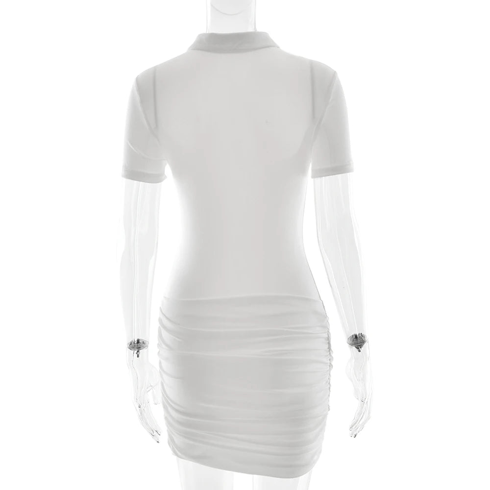 Sibybo Polo Collar Zipper Women Jumpsuits Set Short Sleeve High Elastic Rompers Ruched Bodycon Skirt Spring Casual Matching Sets