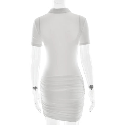 Sibybo Polo Collar Zipper Women Jumpsuits Set Short Sleeve High Elastic Rompers Ruched Bodycon Skirt Spring Casual Matching Sets