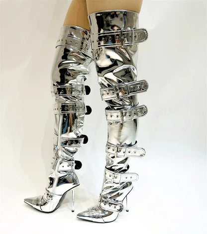 New Women Denim Metal Rivet Buckle Sandals Women Sexy Punk Style Pointed Hollow Metal 11cm High Heel Knee High Boots Size34-43