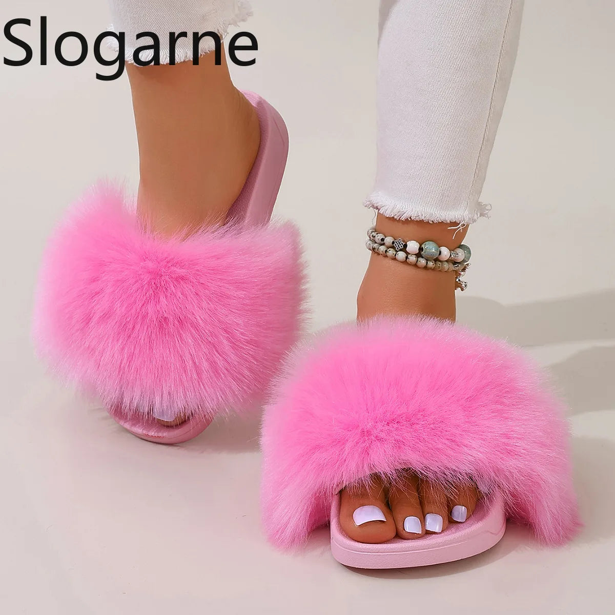 Fashion Fox Fur Slides Women Luxury Designer Summer Sandals Ladies Furry Lazy Slippers Fluffy Flip Flops Shoes Plus Size Shoes