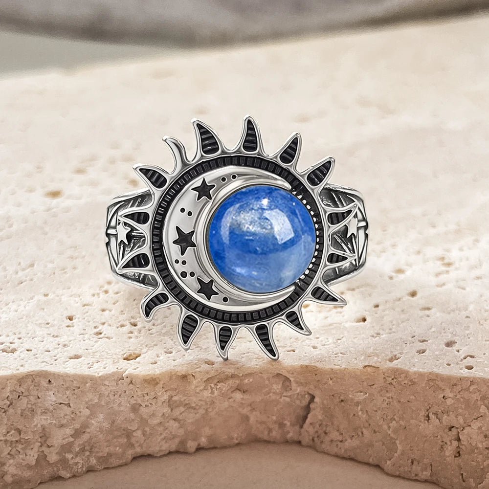 925 Sterling Silver Natural Moonstone Ring 8MM Bohemian Star Sun Moon Shape Ring Gothic Punk Style Party Gift for Women Men