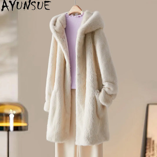 AYUSNUE Natural Mink Fur Coat Women Clothing Winter Jacket Woman Mid-length Warm Real Fur Coats Fashion Hoodie Шуба Женская