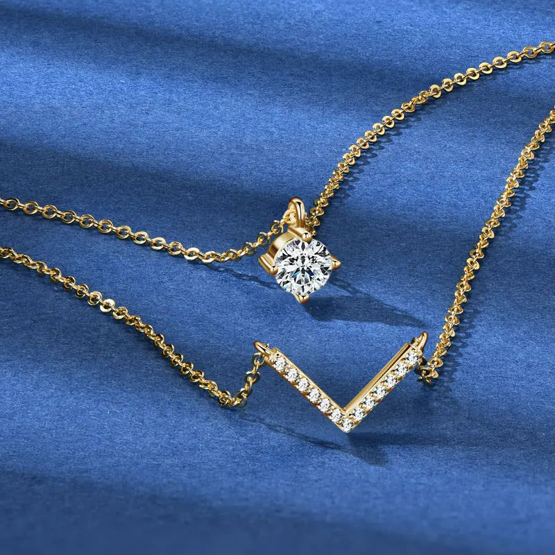 RAPRGOLD Certified Moissanite V-shape Pendant Double Necklaces Chains for Women S925 Sterling Silver Fine Jewelry Gifts Collares