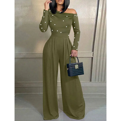 Fashion Beaded Slant-neck Women Jumpsuit Spring Autumn New Cinched Waist Wide Leg Long Pants Elegant Female Office Rompers 2026
