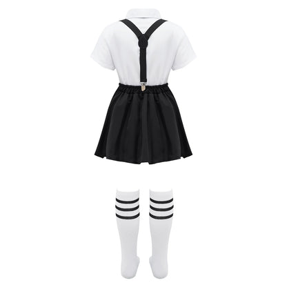 Children Girls Choir Outfits School Uniform Bow Tie Shirt with Suspender Skirt and Socks Schoolgirls Stage Performance Costume