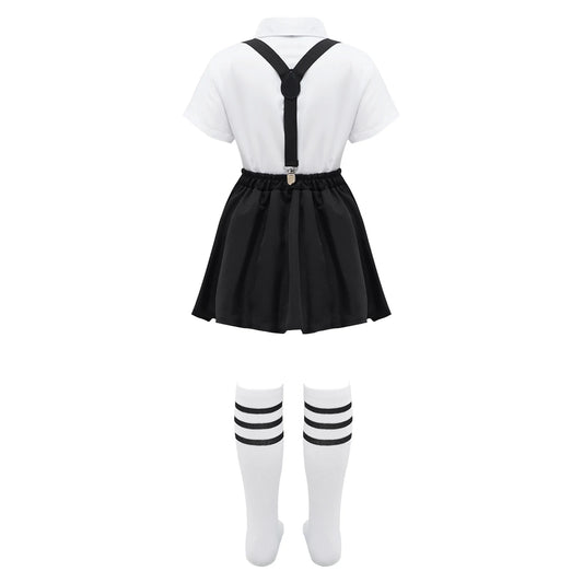 Children Girls Choir Outfits School Uniform Bow Tie Shirt with Suspender Skirt and Socks Schoolgirls Stage Performance Costume