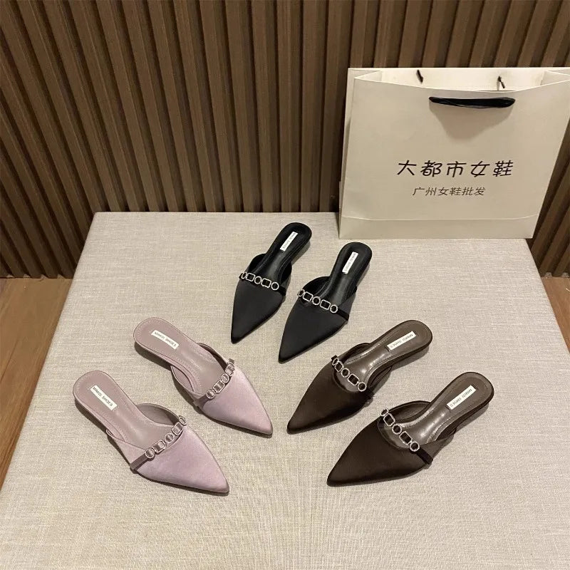 2025 New Luxury Fashion Rhinestones Ladies Heeled Slippers Sandals Shoes Female Low Heel Slides Slippers Shoes for Women Mules