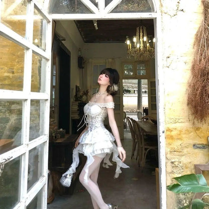 Summer Y2k Off Shoulder Sexy One Piece Dress French Vintage White Lace Slip Dresses Female Chic Design Fairy Outfits 2025 New