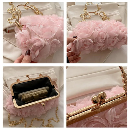 Luxury Women Chain Shoulder Bag Chiffon 3D Flower Banquet Bag Fashion Evening Bags Fashion Clutch Handbag Trendy Crossbody Bag