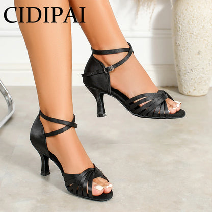 CIDIPAI Black Silk Satin Latin Dance Shoes For Women Latex Soft Soled Ballroom Tango Salsa Dance Shoes Indoor Party Shoes