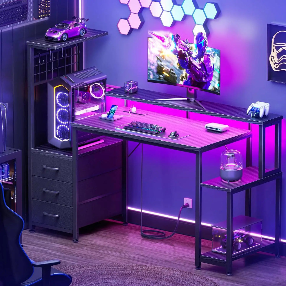 Gaming Desk 48" with Power Outlet & LED, Carbon Fiber Black Finish, Customized