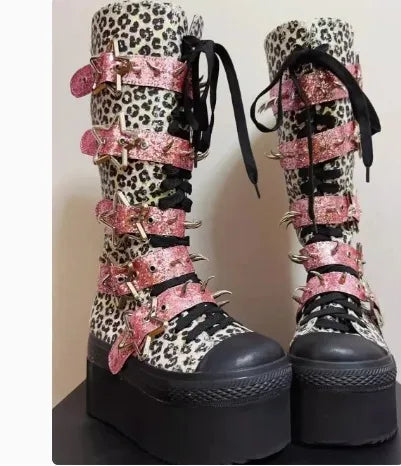 Canvas Patchwork Round Toe Belt Buckle Platform Knee-High Women Boots Height Increasing Sole Lace Up Design Large Size Shoes