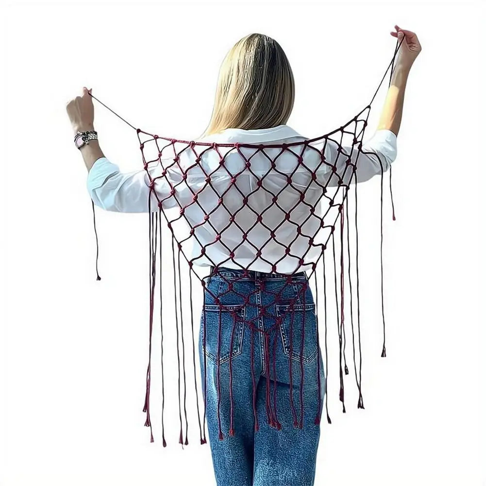 Bohemian Netted Fringe Scarf Handwoven Bikini Women Mid Waist Skirt Ethnic Design Mesh Tassel Waistband Decorative Butt Curtain