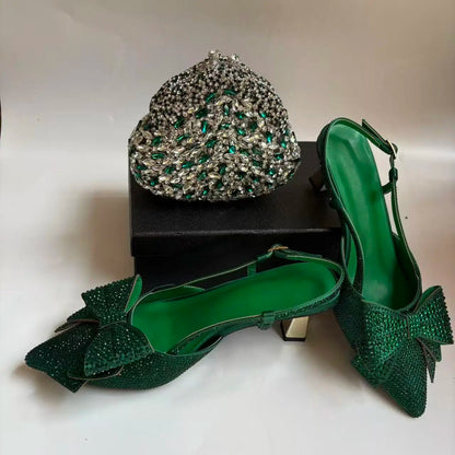 Insightlink Green Crystal High Heel with Bag Set for Bridal Wedding Party Designer Pointed Toe and Clutch Luxury Sandal Handbag
