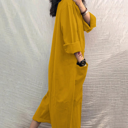 Solid Color Casual Loose Pocket Jumpsuit Women New Fall Simple Long Sleeve Shirt Female Vacation Rompers Fashionable Streetwear