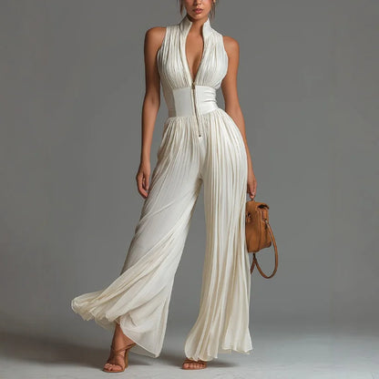 Sexy Deep V Neck Hollow Zip Jumpsuit Women's Spring Solid High Waist Wide Leg Romper Summer Sleeveless Pleated Vacation Overalls